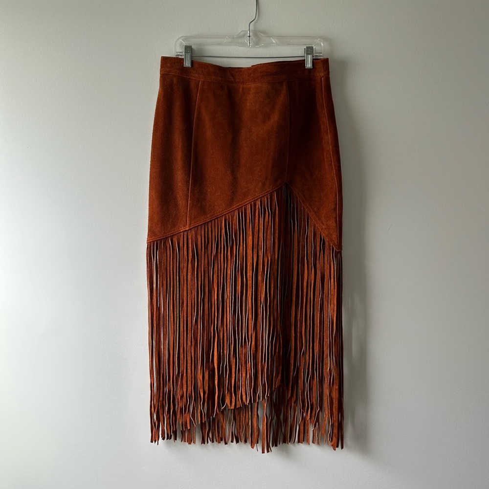Understated Leather brown genuine leather fringe western style skirt